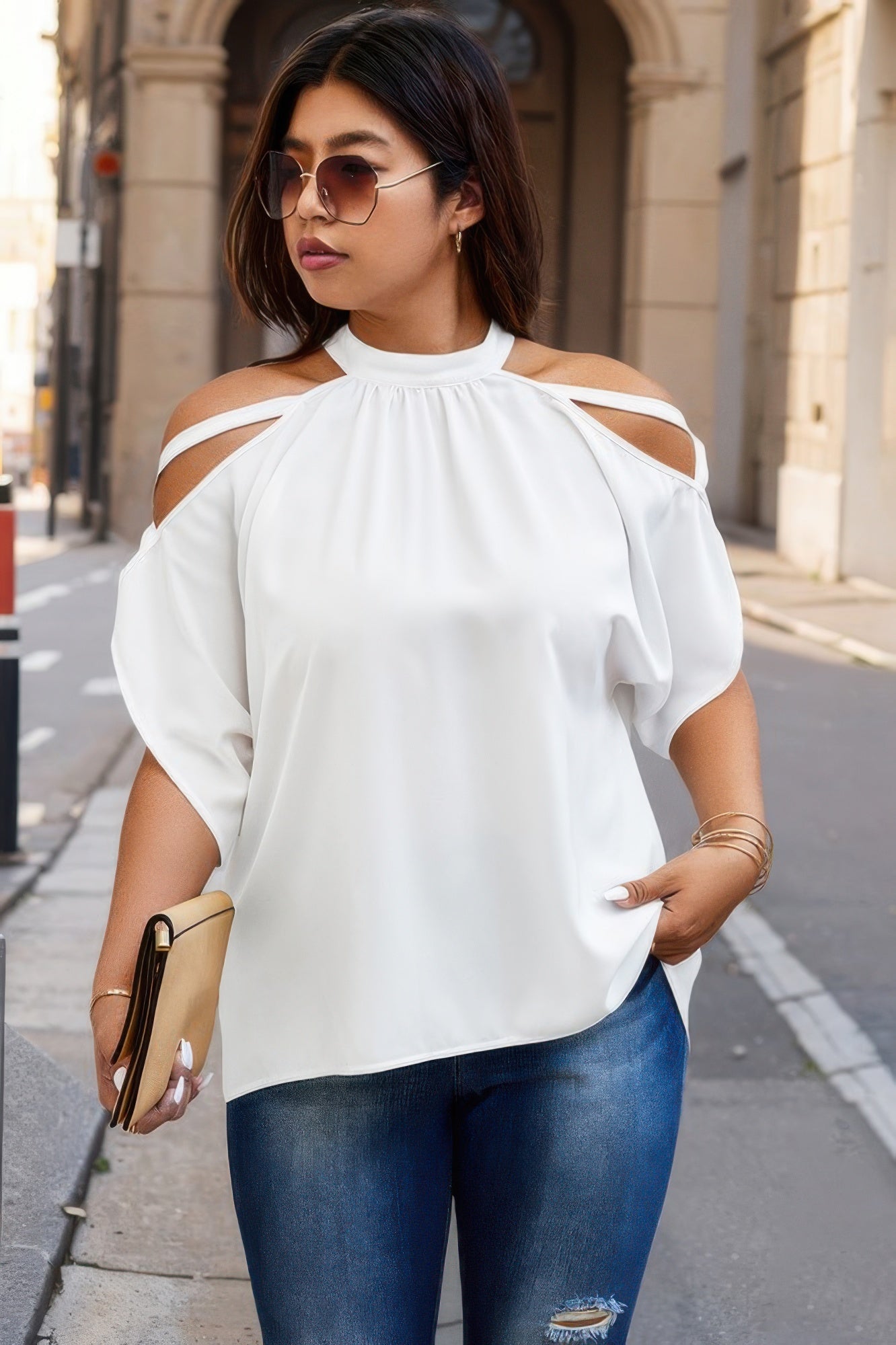 VacationGrabs Trendy Plus Size Cold Shoulder Shirt