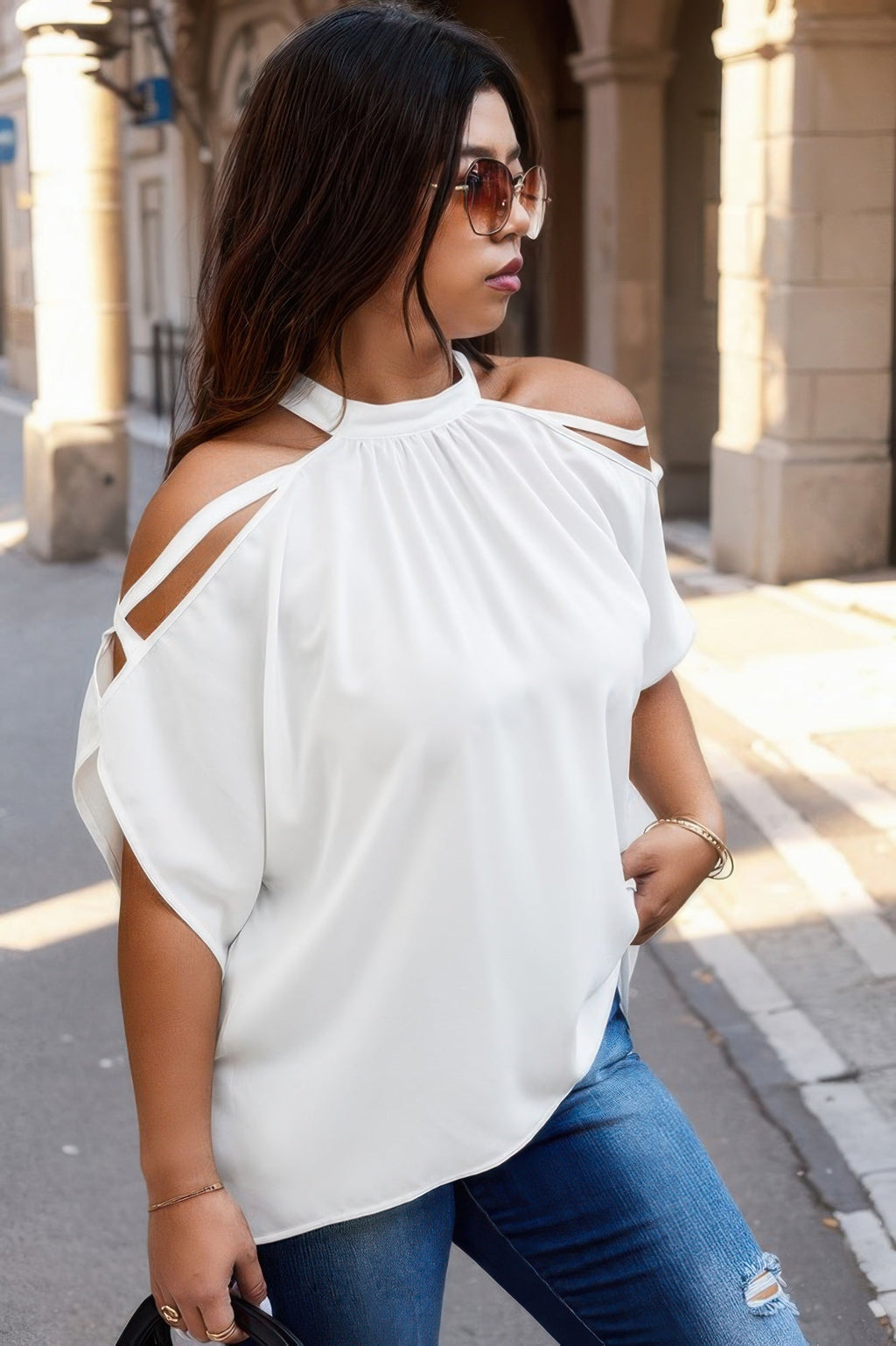 VacationGrabs Trendy Plus Size Cold Shoulder Shirt